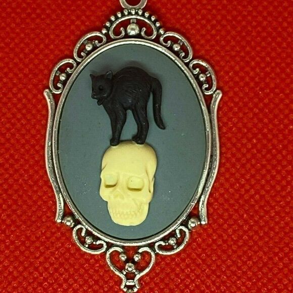 Antique Silver Skull Cat Black Skeleton Gothic Cam - Picture 5 of 7